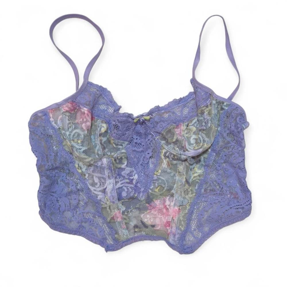 Frederick’s of Hollywood Vintage Pastel Purple Floral Lace Bustier Crop Top